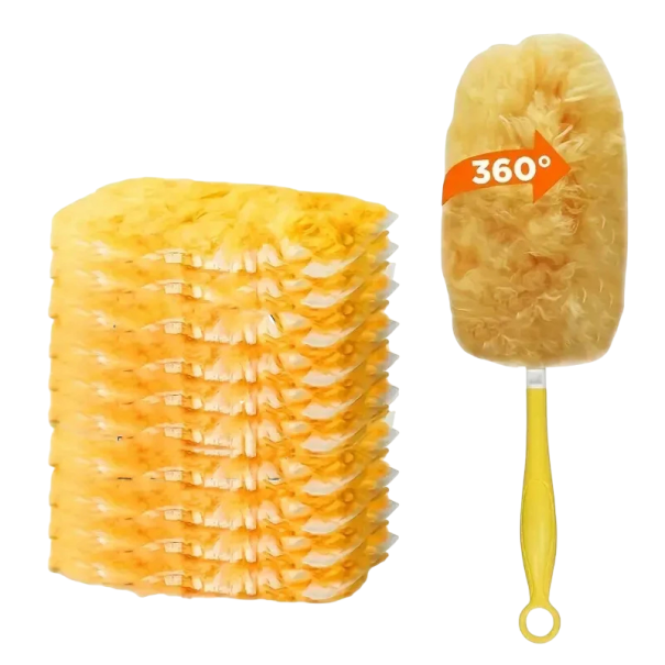 Oboustranný 360° odlučovač prachu a pavučin 10×20 cm Žlutý čistič s madlem a 10 jednorázovými filtry pro úklid stropů, nábytku a pracovních desek 1