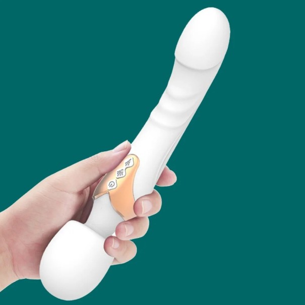 Oboustranný silikonový vibrátor 25,3 cm s realistickým zakončením a hlavicí typu Magic Wand 20 režimů vibrací USB nabíjení voděodolný diskrétní balení bílá