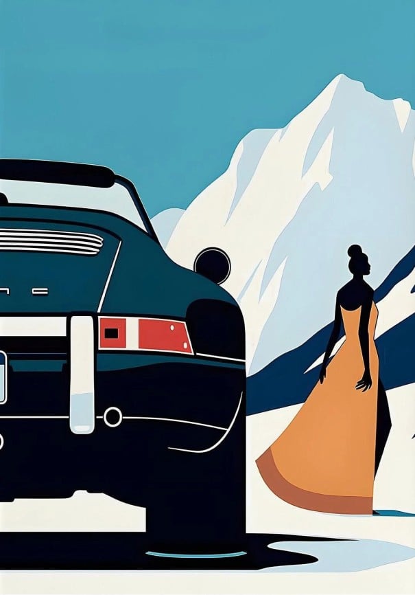 Obraz na zeď 50 x 70 cm Porsche 911 alpská krajina s postavou ženy Dekoratívny tisk na plátno Bez rámu Kreslený abstraktný plagát do interiéru 1