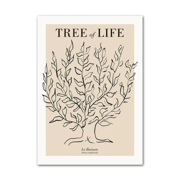 Obrazový plakát na zeď strom života s typografií 40 × 60 cm tisk na plátno černo béžové minimalistické botanické provedení bez rámu 1