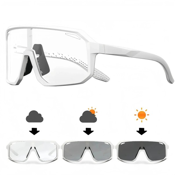 Occhiali da ciclismo fotochromatici UV400 154 mm lenti in PC montatura sportiva nera occhiali da sole outdoor per MTB e corsa bianco