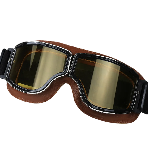 Ochelari de motocicletă retro cu lentile galbene, protecție UV 15 x 5 cm. Ochelari din PC, ABS și piele artificială. Stil vintage pentru motocicliști și scutere. maro