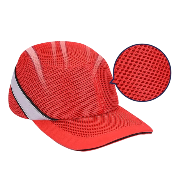 Ochranná pracovní čepice s tvrdou vnitřní skořepinou a EVA výztuhou prodyšná síťovina obvod 58-65 cm hloubka 11 cm reflexní pruh červená