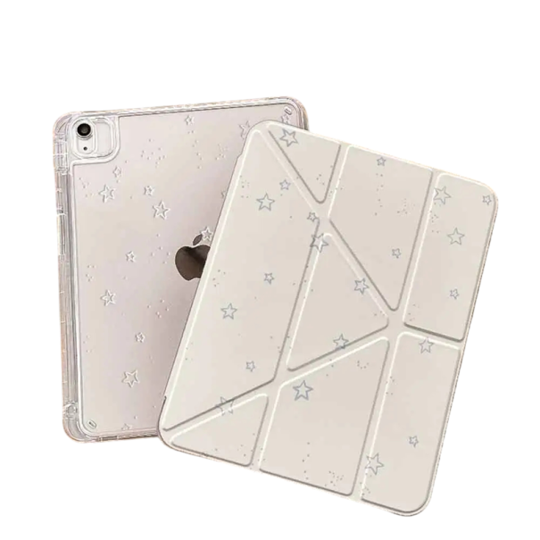 Ochranné pouzdro na tablet iPad 7 8 a 9th 10.2 odklápěcí origami stojánek z TPU průhledná záda s motivem hvězd bílé provedení na čtení 1