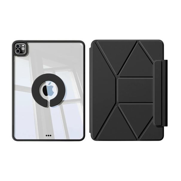 Ochranné pouzdro na tablet iPad Pro 11 5th 2024 magnetický průhledný zadní kryt s držákem na stylus a origami stojánkem z umělé kůže černá