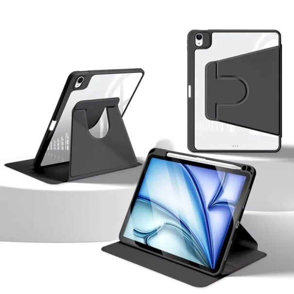 Ochranné pouzdro na tablet iPad Pro 11 s čipem M4 s otočením o 360 stupňů umělá kůže průhledná záda a otvor na stylus se stojánkem černá