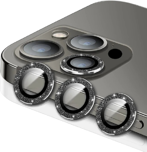 Ochranné sklo na zadnú kameru pre iPhone 14/14 Plus/15, rámček s kamienkami čierna
