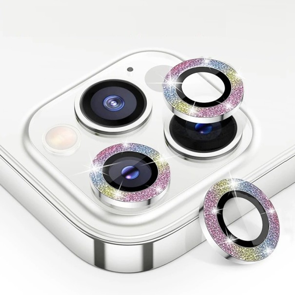 Ochranné sklo na zadnú kameru pre iPhone 15 Pro, rámček s kamienkami dúhová