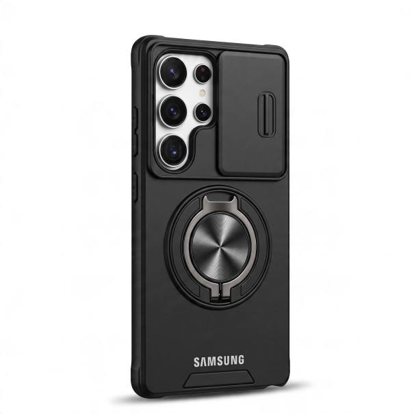 Ochrannó tok Samsung Galaxy S26 Ultra, csúsztatható kamera takaró, kör alakú tartó, mágneses töltés támogatás, tok fekete