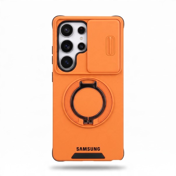 Ochranný kryt na Samsung Galaxy S25 Posuvná krytka fotoaparátu Kruhový držák Podpora magnetického nabíjení Pouzdro oranžová