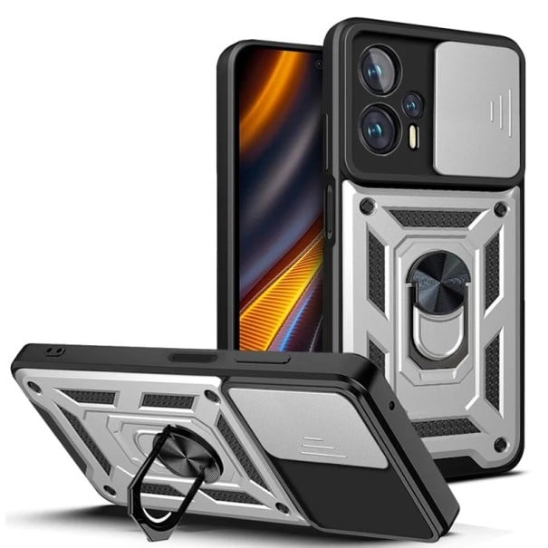 Ochranný kryt s magnetem, stojánkem a krytkou na objektiv pro Xiaomi Poco F5 5G stříbrná