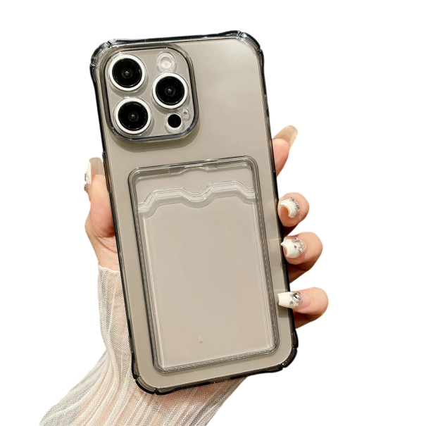 Ochranný Silikonový Kryt na iPhone 14 Pro s Kapsou na Karty Zadní Nárazuvzdorný Obal Pouzdro pro Mobilní Telefon s Místem na Doklady průhledná černá