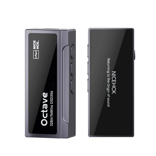 Octave hoofdtelefoonversterker met DAC 32 bit en 768 kHz DSD256 connectors 3,5 mm en 4,4 mm vermogen 550 mW bij 32 ohm voor telefoon en PC grijs