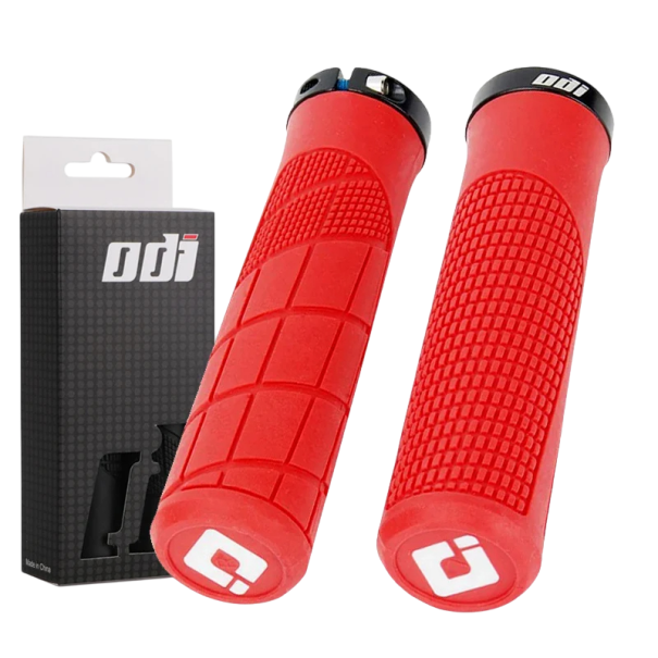 ODI gripy na řídítka 135 x 22,2 mm MTB BMX Měkké gumové rukojeti s aretací Protiskluzové manžety na kolo Pryžová madla s plastovou vložkou červená