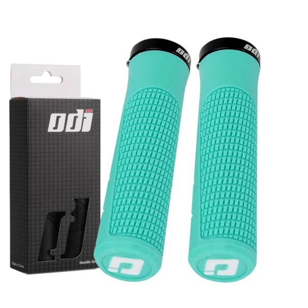 ODI gripy na řídítka 135 x 22,2 mm MTB BMX Měkké gumové rukojeti s aretací Protiskluzové manžety na kolo Pryžová madla s plastovou vložkou tyrkysová