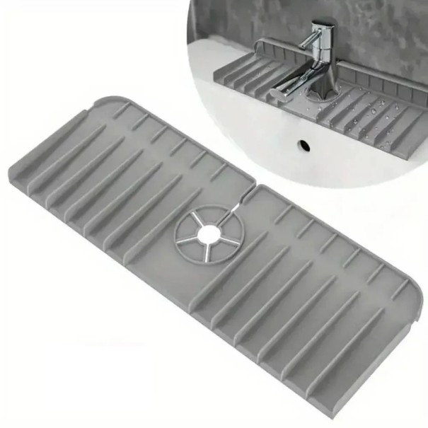 Odkapávací podložka k dřezu 37 x 14 x 1,5 cm Silikonová pod baterii Jednovrstvá Ochrana proti stříkající vodě Držák na houbičku šedá