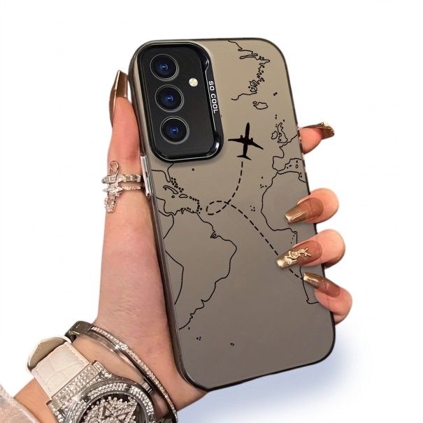 Odolný hát Samsung Galaxy A35 5G Cestovatási motívum térképek és repülőgépek Ultra vékony Matt szürke felület Fekete rajz Kamerakeret 1