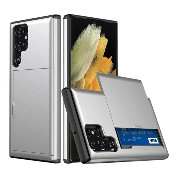 Odolný kryt s kapsou na karty Samsung Galaxy A55 Dvoudílná konstrukce Odsouvací víko kapsy na zádech Vyšší okraje displeje a objektivů stříbrná