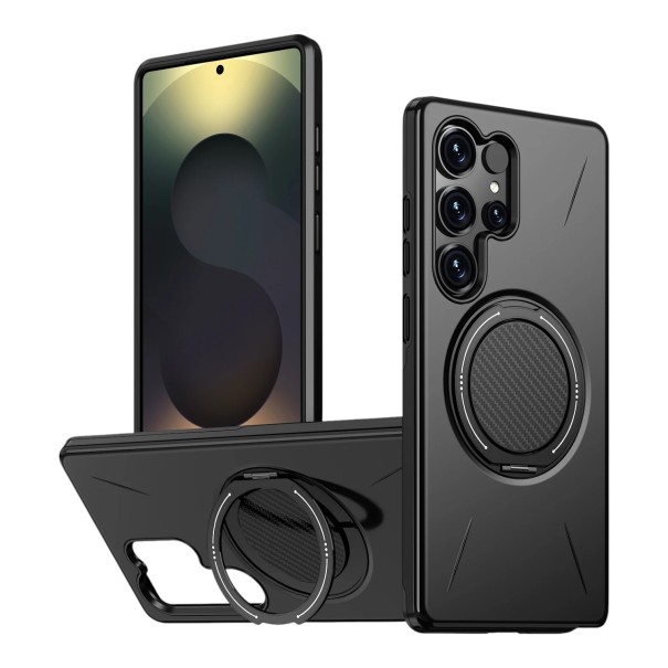 Odolný magnetický kryt na Samsung Galaxy A17 S otočným kroužkem a vyklápěcím stojánkem Pevný plast PC a pružné TPU Obal na mobil do auta černá