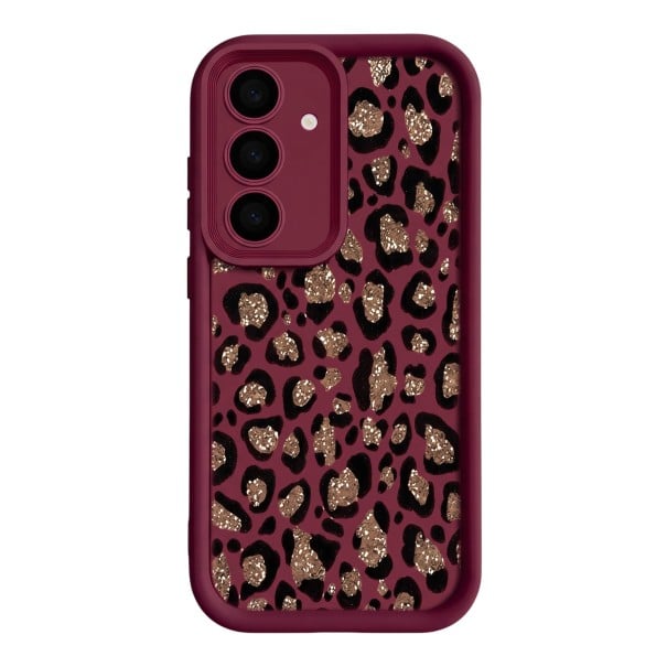 Odolný silikonový obal na Samsung Galaxy A15 5G Leopardí vzor se třpytivým efektem Vystouplý rám kolem objektivů Ochranný kryt na mobil vínová