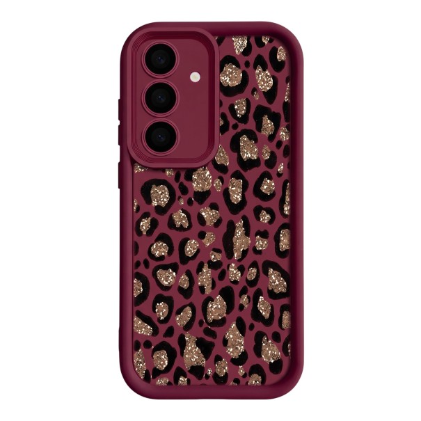 Odolný silikonový obal na Samsung Galaxy A15 5G leopardí vzor so trblietavým efektom Vystúpený rám okolo objektívov Ochranný kryt na mobil vínová