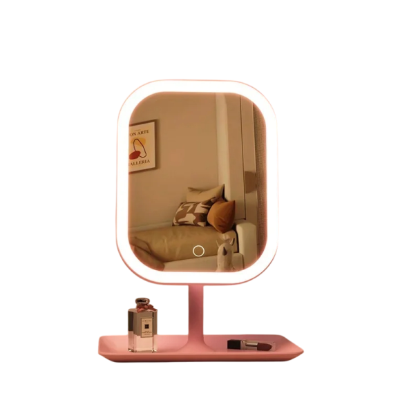 Oglindă cosmetică LED cu suport 27 x 18 cm Control tactil Rotație la 270° Trei temperaturi de lumină Memorie luminozitate Reîncărcabilă Alb sau roz roz