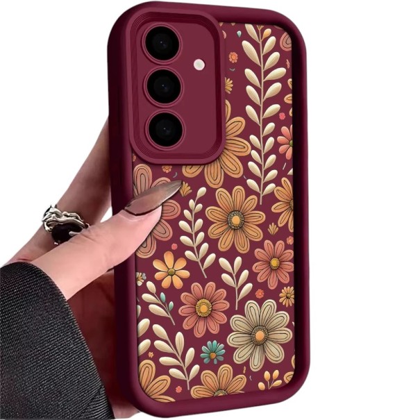 Ohebný silikonový kryt na Samsung Galaxy A15 S motivem barevných květin Vyvýšený rám u fotoaparátu Vyvýšené okraje Výřezy pro reproduktor červená