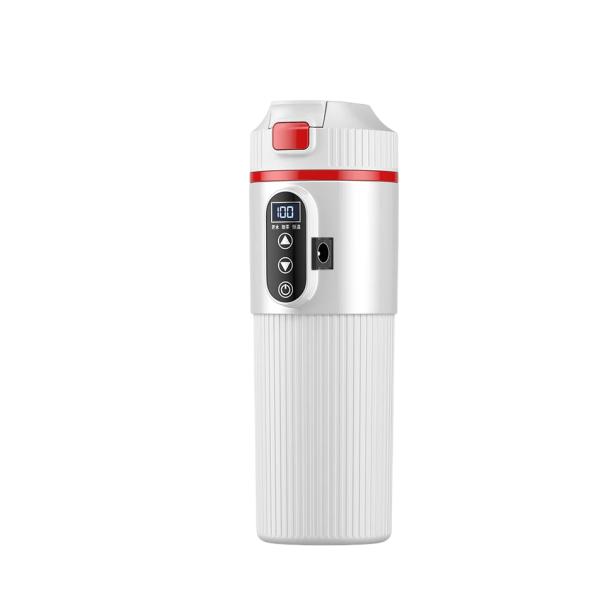 Ohřívací hrnek do auta 12V 24V 500 ml 30–100 °C 15 A 80 x 220 mm Nerezová ocel 304 Digitální displej Automatické vypnutí Rychlý ohřev bílá