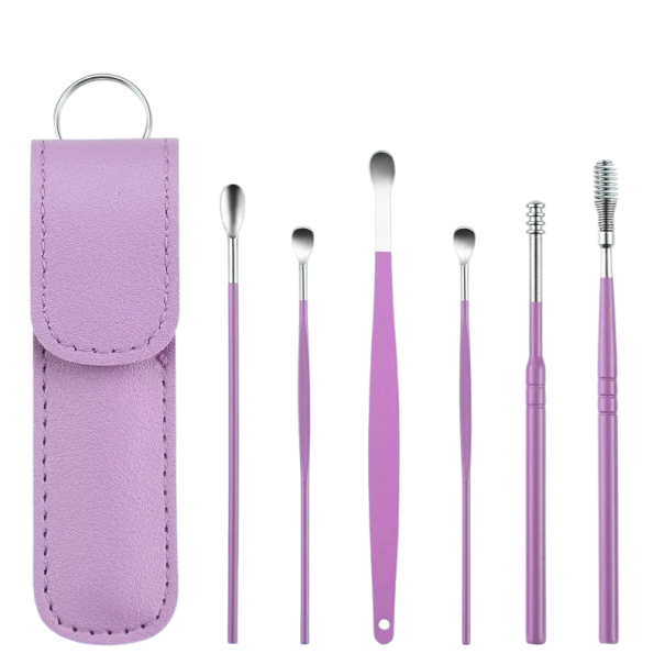 Ohrreinigungswerkzeug-Set, 6-teilig, mit Etui, Edelstahl, Mehrzweck-Ohrschaber, Ohrenschmalzentferner, Haushaltshygiene-Werkzeuge lila