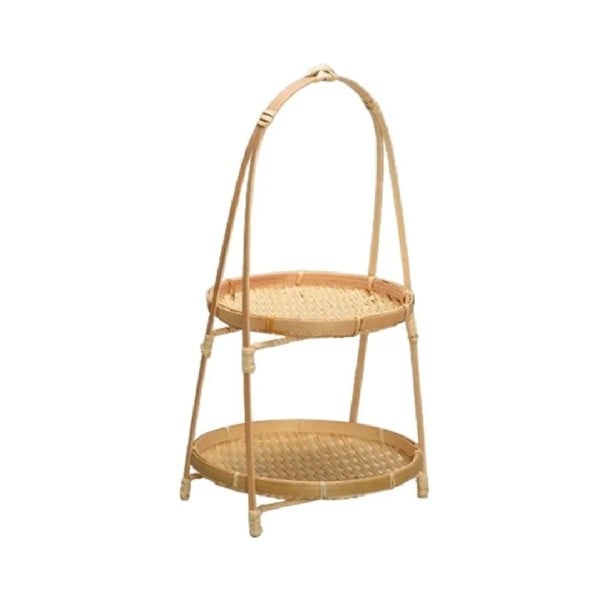 Okrągły bambusowy tkany koszyk 37 cm Dwuetapowy kosz na żywność Multifunkcyjny organizer do kuchni i domu 1
