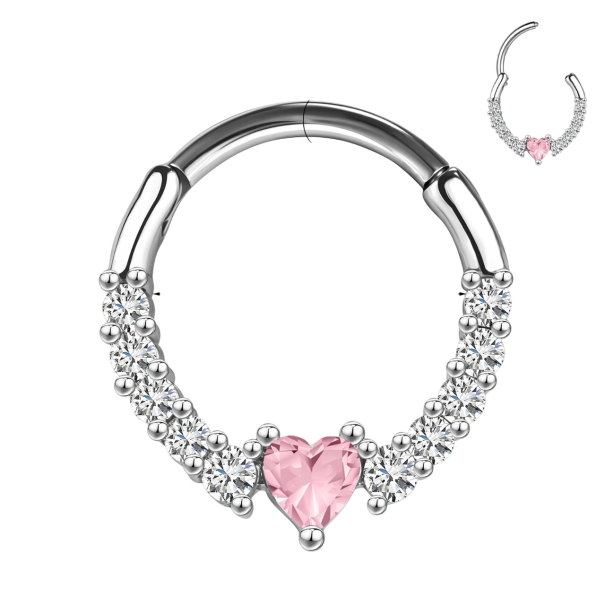 Okrúhly strieborný piercing ružové srdce a strieborné detaily 10 x 1,2 mm Z nerezovej ocele Elegantný šperk pre každodenné nosenie 1