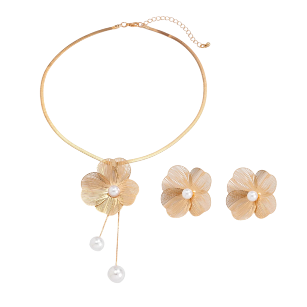 Okvětní sada náhrdelník 42,5+7 cm náušnice 5 cm Měděné romantické květinové trendy šperky pro ženy Elegantní set Náhrdelník + náušnice zlatá