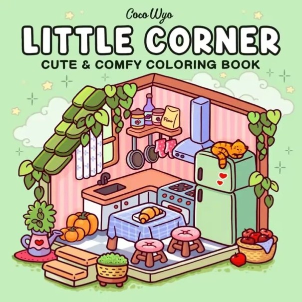 Omalebné Little Corner søde illustrationer af interiør og dyr 21 × 21 cm malebog med enkle billeder til børn og voksne 1