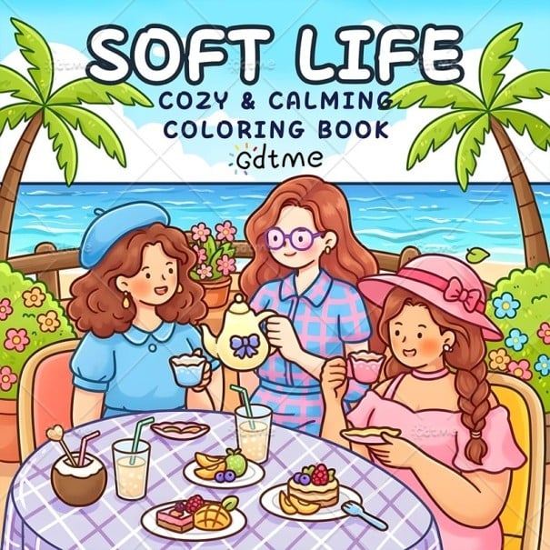 Omalovánki Soft Life cu motivul relaxării la mare 20 × 20 cm 24 pagini desene simple pentru copii și adulți colorare liniștită