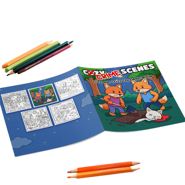 Omalovánky Cozy Crime Scenes roztomilé kriminální scény 20 × 20 cm zvířecí ilustrace barevný styl jednoduché kresby vybarvování 1