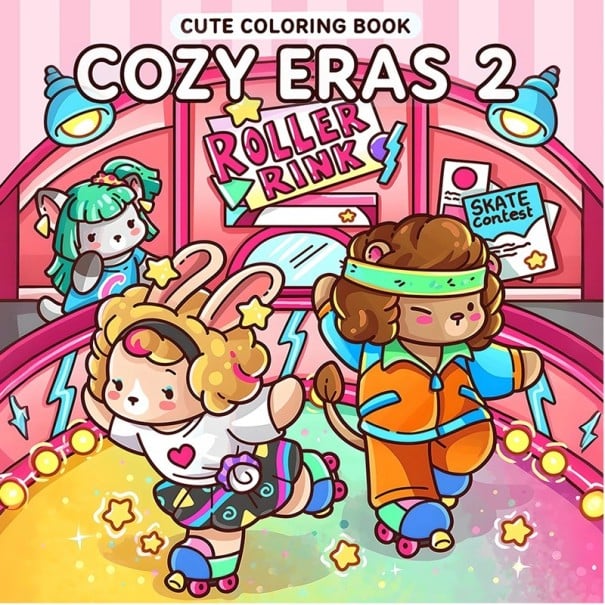 Omalovánky Cozy Eras 2 Roller Rink 20 × 20 cm roztomilé ilustrace barevný retro motiv kolečkové bruslení vybarvování 1