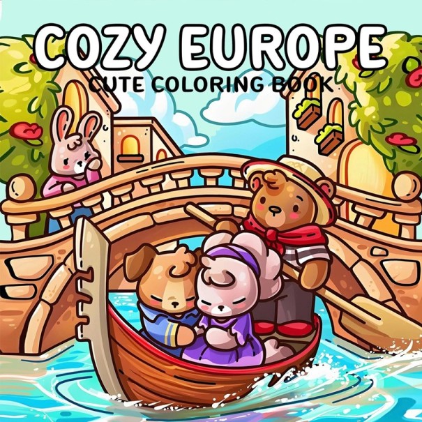 Omalovánky Cozy Europe cu legătură prin inele 20 × 20 cm bloc cu motive de animale drăguțe și peisaje europene pentru colorat