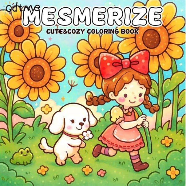 Omalovánky Mesmerize cu motivul florilor de soare și personajelor drăguțe 20 × 20 cm 24 pagini desene simple pentru copii și adulți