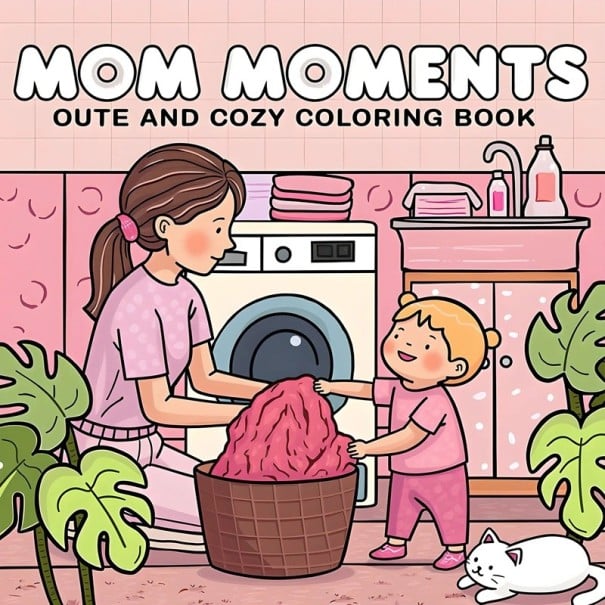 Omalovánky Mom Moments s roztomilými rodinnými scénami 20×20 cm pohádková knížka na vybarvení s motivem mateřství pro děti i dospělé 1