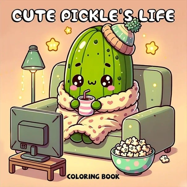 Omalovánky s motivem roztomilého života okurky 20 × 20 cm 24 stran snadné antistresové kreslení pro děti i dospělé pohádkové 1