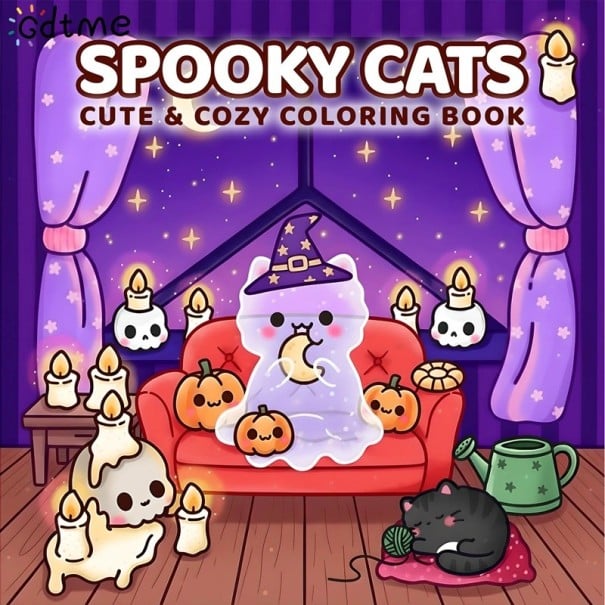 Omalovánky Spooky Cats s motivem strašidelných koček 20 × 20 cm 24 stránek jednoduché kresby pro děti i dospělé vybarvování 1