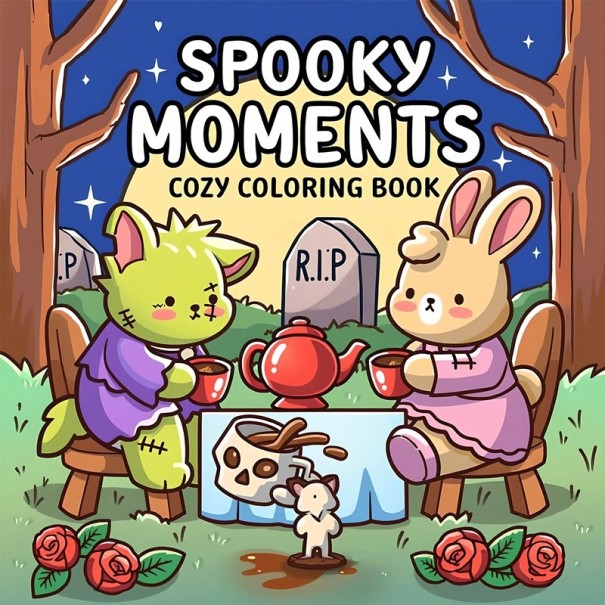 Omalovánky Spooky Moments se strašidelně roztomilým Halloween motivem 20×20 cm jednoduché obrázky na vybarvení pro děti i dospělé 1
