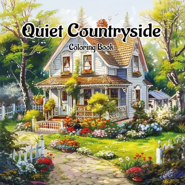 Omalovánky venkovský dům zahrada krajina 20 × 20 cm jednostranný tisk relaxační kniha pro děti i dospělé vybarvování 1