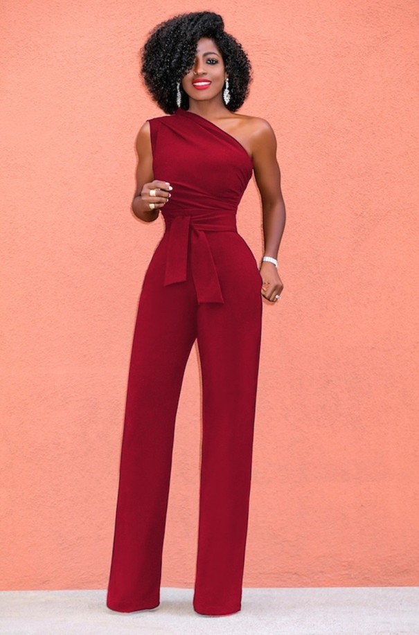 One-Shoulder-Jumpsuit für Damen weinrot S