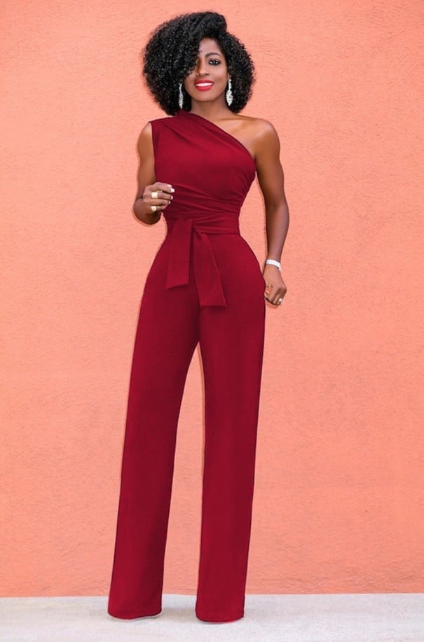 One-Shoulder-Jumpsuit für Damen weinrot 3XL