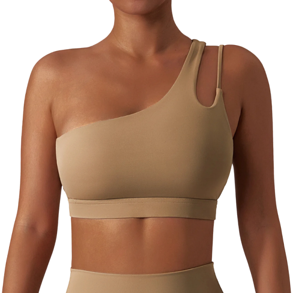 One-Shoulder-Sport-BH, rückenfrei, Workout-Sport-Top, Push-Up-Effekt, Sport-BH braun L