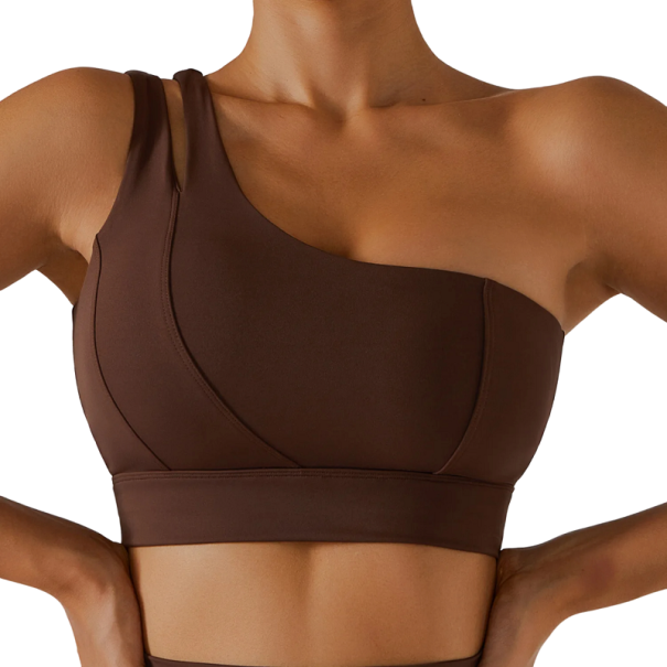 One-Shoulder-Sport-BH. Sport-Top für sportliche Aktivitäten. Sport-BH mit Push-up-Effekt V324 braun S