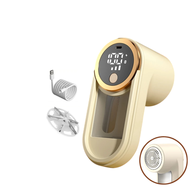 Oneka sähköinen nukkanpoistolaite näytöllä 6 terää USB-lataus 14,5x6x7,5 cm nukkanpoistoaine vaatteille ja neuleille tekstiileille kermanvärinen