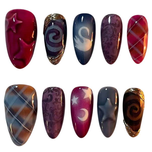 Ontwerpset van 24 decoratieve nagels in 12 maten 25,6–18,3 mm Amandelvorm Glanzende oppervlakken Kleurrijke patronen Lijm en polijstband 1