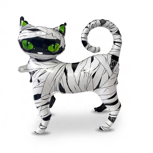 Opblaasbare mummiekat Halloween decoratie 52 x 47 cm Folieballon Wit en zwart met groene ogen Versiering voor Halloween 1